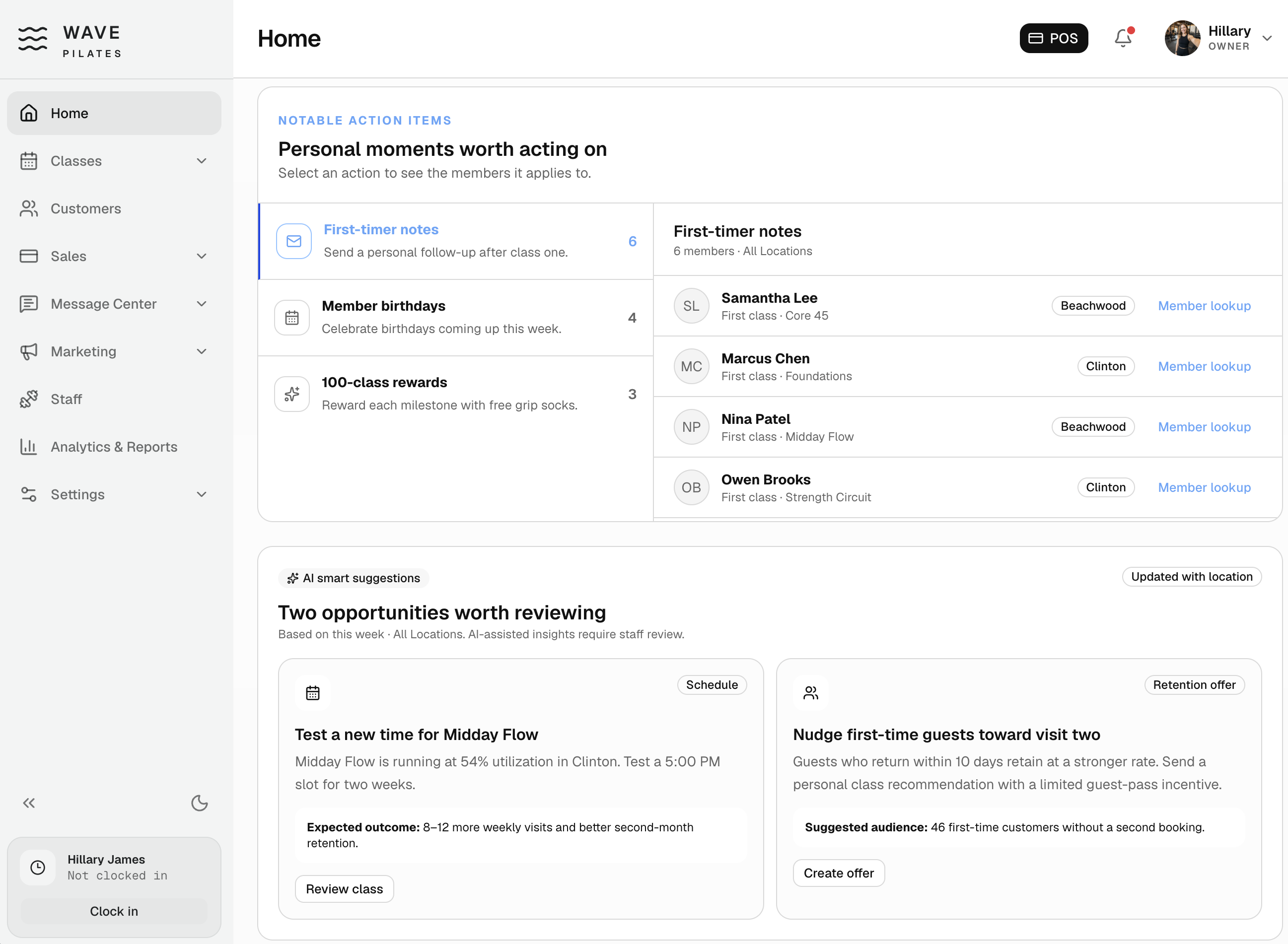 Wave Pilates dashboard surfacing notable action items and AI-assisted studio opportunities