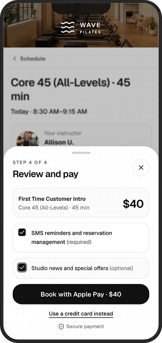 Wave Pilates mobile checkout with Apple Pay