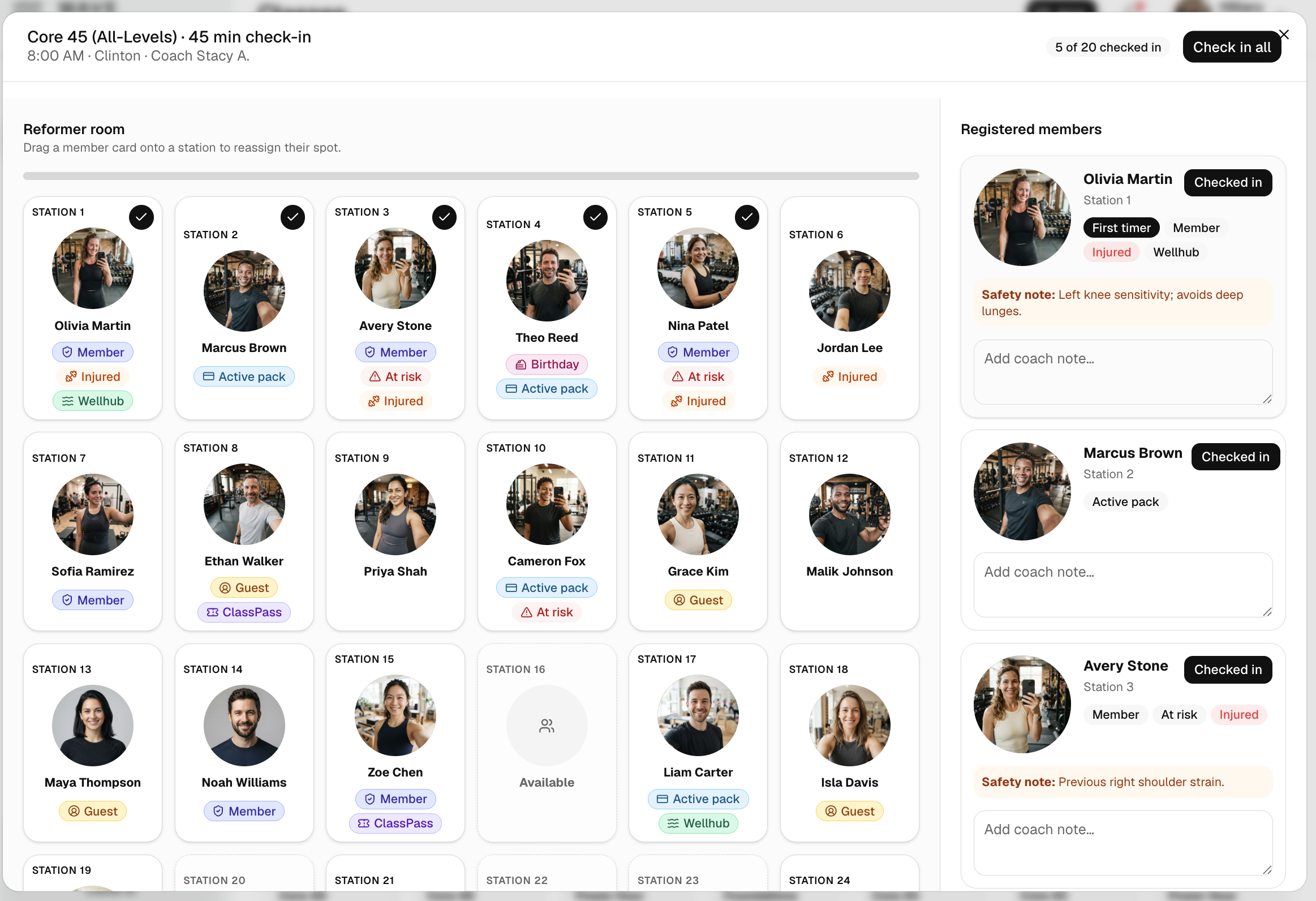 Wave Pilates class check-in with station assignments, safety notes, and coach context